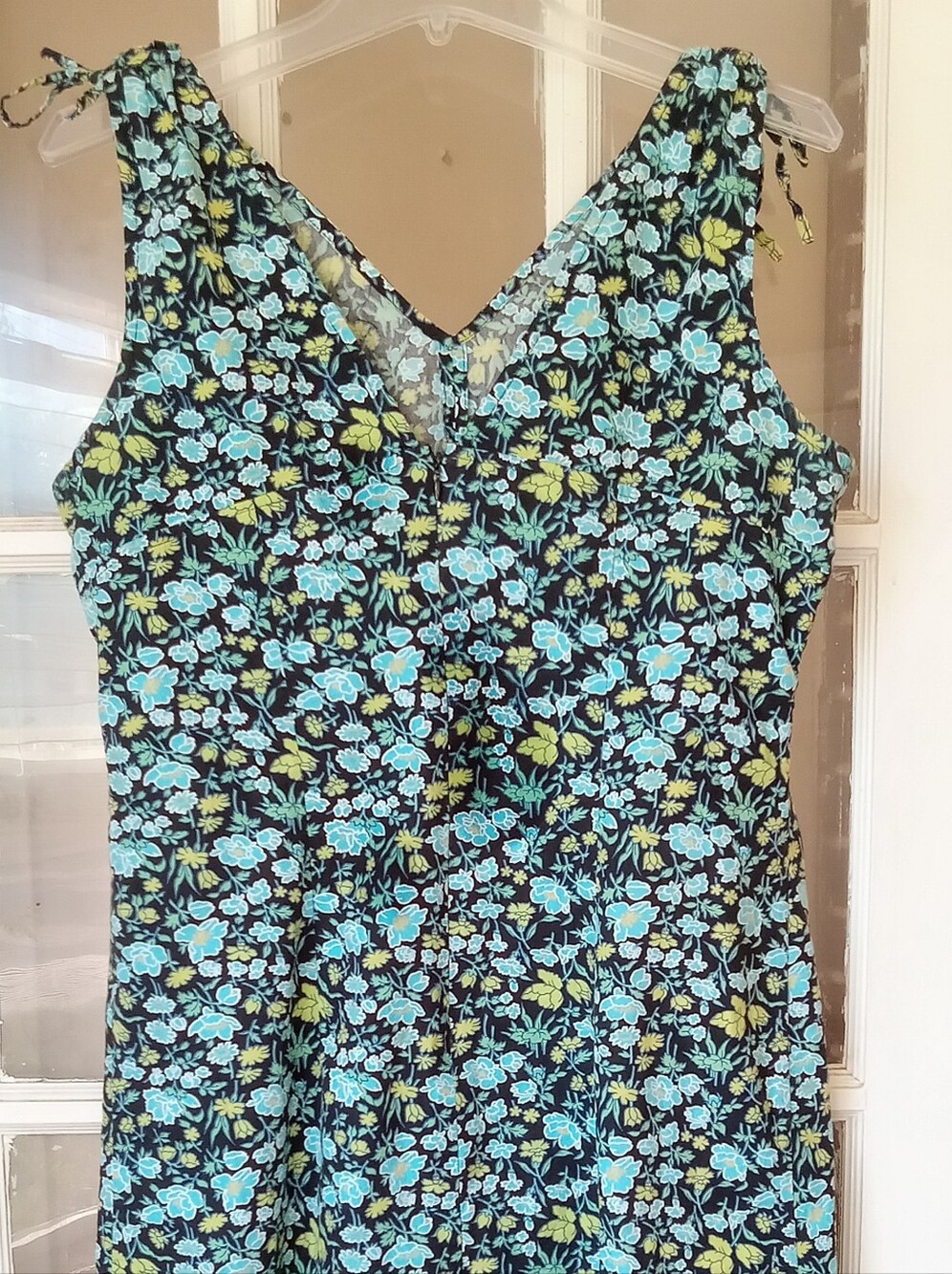 Expressions Black Floral V-Neck Dress with Blue and Green Flowers - Picture 3 of 5